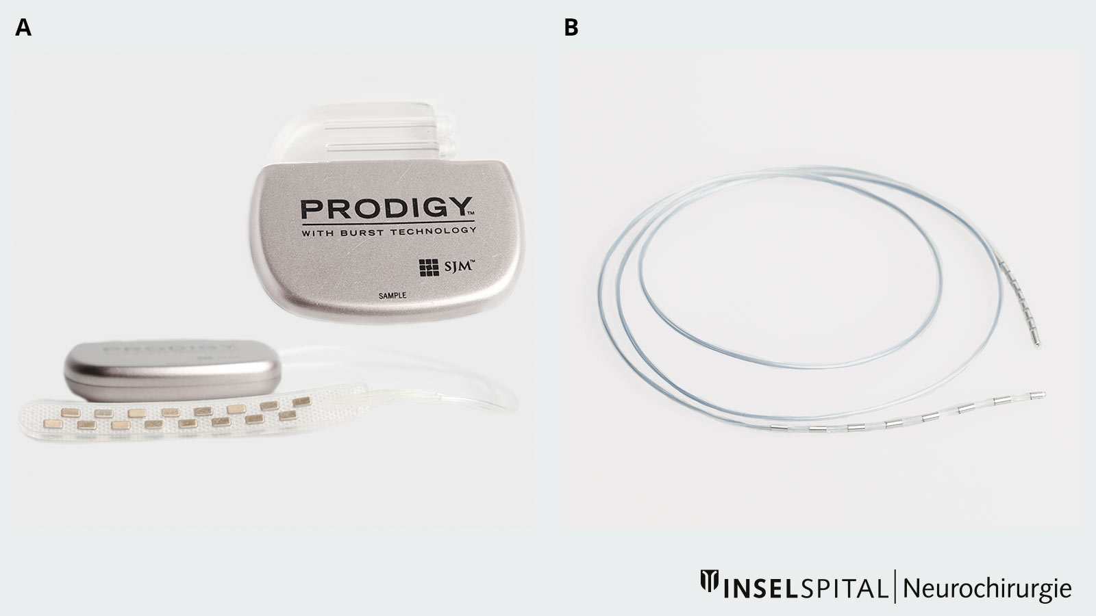 Photo of the neurostimulator with 2 different electrodes: plate electrode and rod electrode